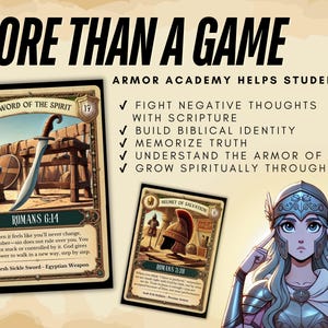 May include: Image features a game with the text "MORE THAN A GAME." The game includes cards with illustrations of a sword and a helmet, along with text about scripture and spiritual growth. A female character is also shown.