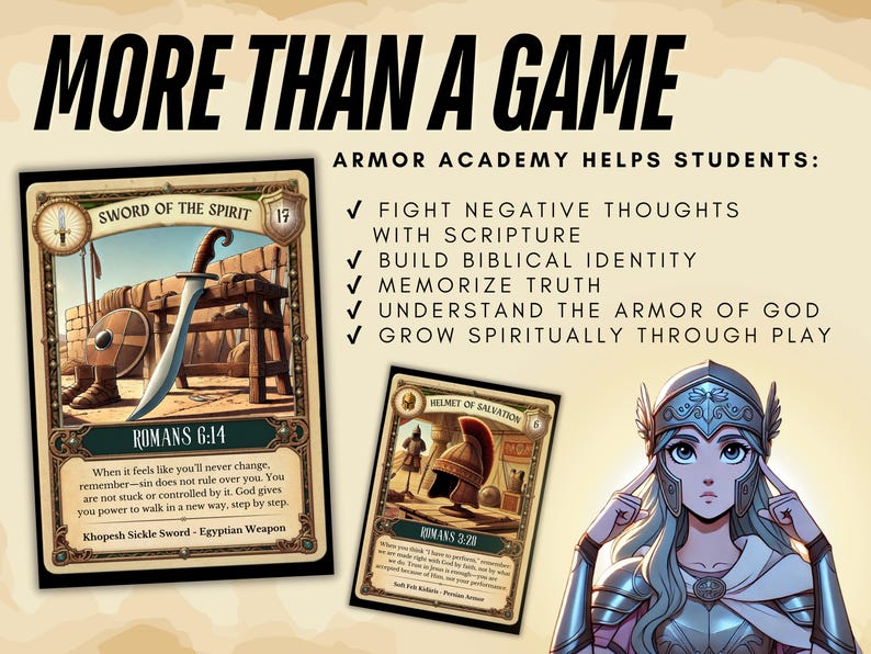 May include: Image features a game with the text "MORE THAN A GAME." The game includes cards with illustrations of a sword and a helmet, along with text about scripture and spiritual growth. A female character is also shown.