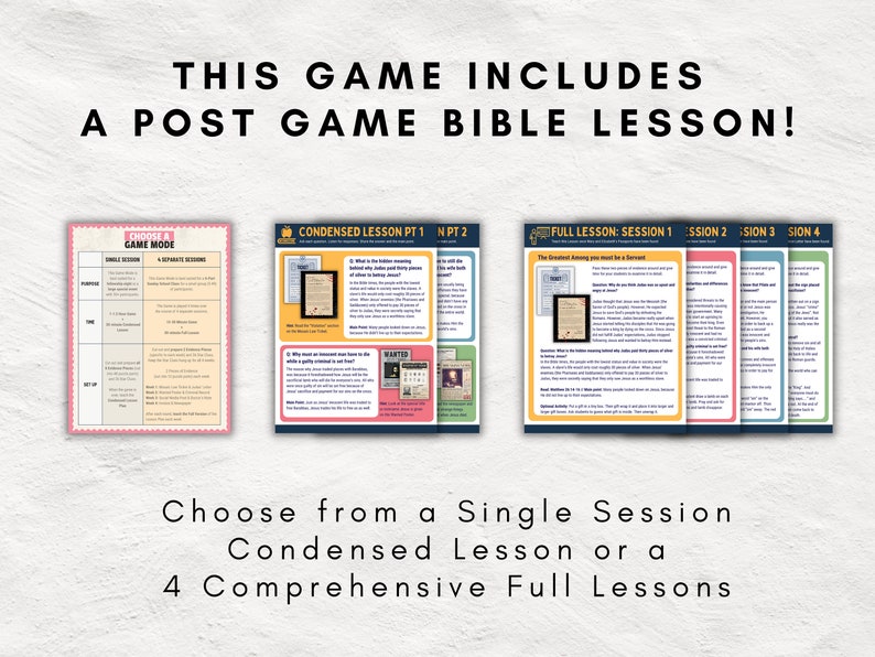 May include: A printable game with a post-game Bible lesson. Choose from a single session, condensed lesson, or four comprehensive full lessons. The game mode options are single session and separate sessions.