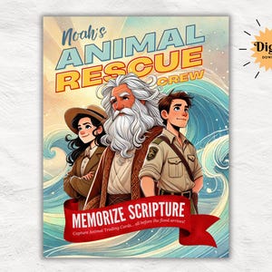 Juego de memorización de versículos bíblicos para la escuela dominical / Juego educativo cristiano para niños con tarjetas coleccionables de animales, carteles y letreros para fotomatón