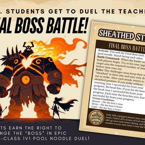 May include: A promotional image for a game called "Final Boss Battle." The artwork features a large, imposing boss character with fiery accents, facing off against smaller figures. A game card with instructions is also visible. The text reads "Students get to duel the teacher!"
