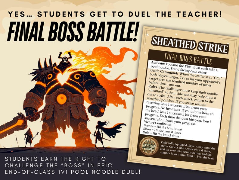 May include: A promotional image for a game called "Final Boss Battle." The artwork features a large, imposing boss character with fiery accents, facing off against smaller figures. A game card with instructions is also visible. The text reads "Students get to duel the teacher!"