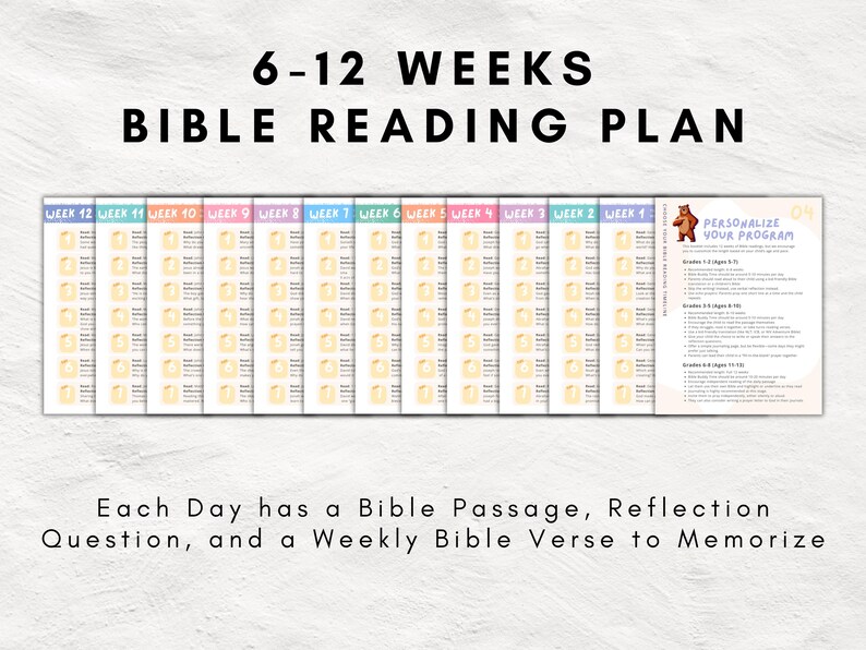 May include: A printable Bible reading plan for 6-12 weeks. The plan includes a daily Bible passage, reflection question, and a weekly Bible verse to memorize. The plan is customizable and includes a section for personalizing your program.