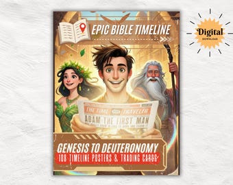 May include: Digital download of an "Epic Bible Timeline" poster. The image features illustrated characters and the text "The Time Traveler Adam The First Man". The poster includes the text "Genesis to Deuteronomy 108 Timeline Posters & Trading Cards".