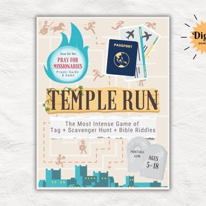 May include: A printable game called "Temple Run" with a blue, red, and white color scheme. The game is described as "The Most Intense Game of Tag + Scavenger Hunt + Bible Riddles". It is designed for ages 5-18.