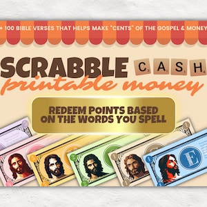 Op de afbeelding: Een promotieafbeelding voor "Scrabble Cash", een printbaar geldspel. Het ontwerp toont kleurrijk speelgeld met religieuze figuren, Scrabble-tegels met de letters "CASH" en de tekst "Verzilver punten op basis van de woorden die je spelt."