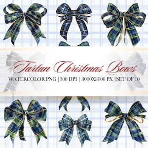 Könnte beinhalten: Aquarellbild von zehn Tartan-Weihnachtsschleifen. Die Schleifen haben ein blau-grünes Karomuster mit goldenen Akzenten. Der Text "Tartan Christmas Bows" ist in einer dekorativen Schriftart dargestellt.