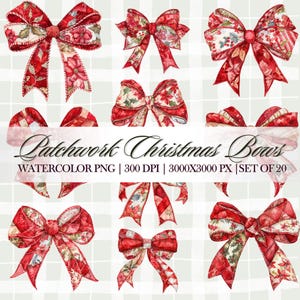 Puede incluir: Imagen de acuarela de varios lazos navideños de patchwork rojos y blancos con diseños florales y geométricos. Los lazos están dispuestos sobre un fondo a cuadros verde claro y blanco. El texto dice "Patchwork Christmas Bows".