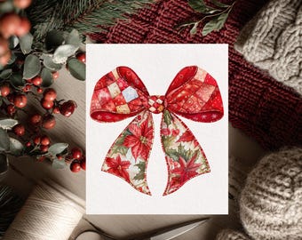 Quilt-Inspired Christmas Bow PNG | Patchwork Watercolor Bow | Holiday Clip Art