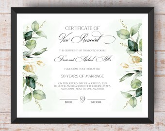 May include: A framed vow renewal certificate with elegant script and floral accents. The certificate reads "Certificate of Vow Renewal" and includes the names Teresa and Michael Miller, celebrating 50 years of marriage. The date of the renewal is August 15, 2023.