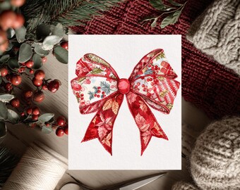 Vintage Patchwork Christmas Bow PNG | Quilted Bow Clip Art | Instant Download