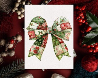 Rustic Quilted Christmas Bow PNG | Patchwork Clipart | Festive Farmhouse Holiday Bow Digital Download