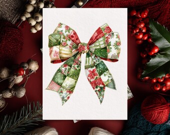 Quilt-Inspired Christmas Bow PNG | Patchwork Fabric Bow | Watercolor Holiday Clip Art