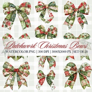 Puede incluir: Una colección de lazos navideños de acuarela en varios diseños. Los lazos presentan patrones de patchwork con flores de pascua rojas, hojas verdes y detalles a cuadros. Se muestra el texto "Patchwork Christmas Bows".
