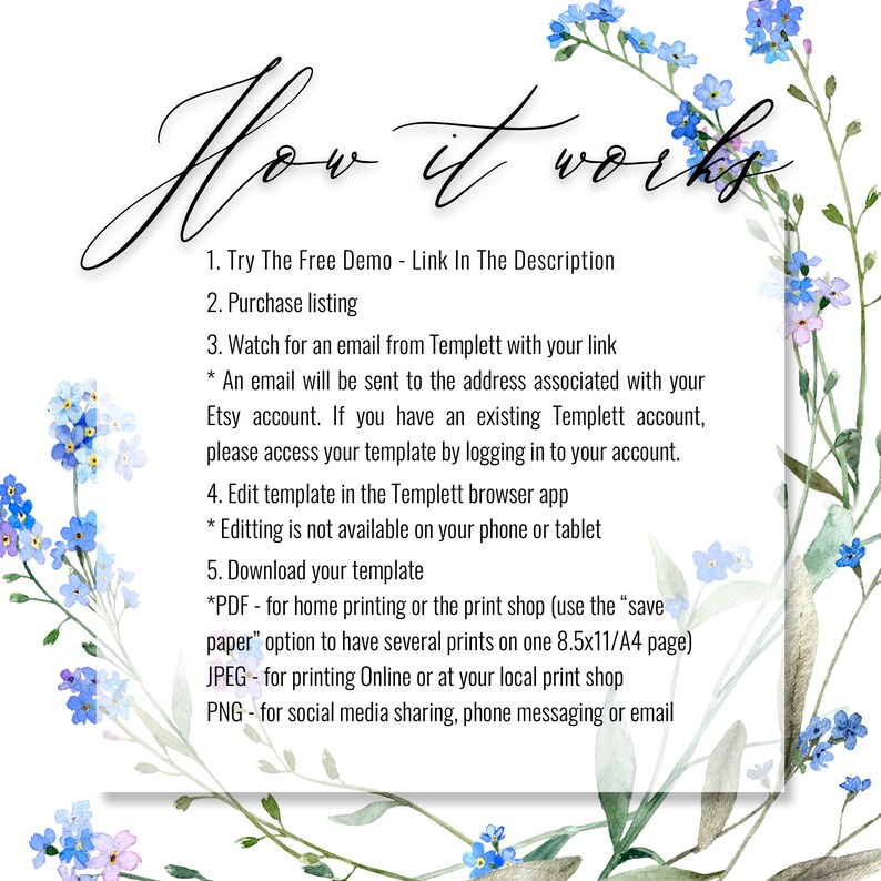 Forget Me Not Printable Thank You Card Template Blue Wildflower Wedding ...