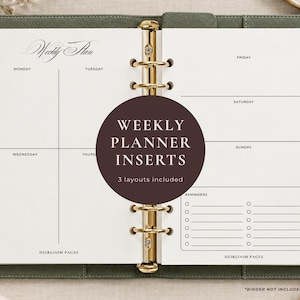 May include: White weekly planner inserts with black text and lines, featuring a gold six-ring binder mechanism. The pages include sections for Monday through Sunday, a reminders list with checkboxes, and the text Weekly Plan and Heirloom Pages.