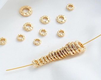 50Pcs Dainty Hammered Texture Large Hole Spacer Rings and Beads, for DIY Beading Bracelet  14K Gold Plated Brass Jewelry Accessories