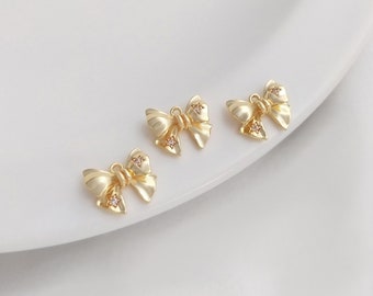8PCS 14k Gold Filled Charm,Cubic Zirconia/ Pearl Bow Charm, Star Shaped Zircon Embellishment Bow Pendant