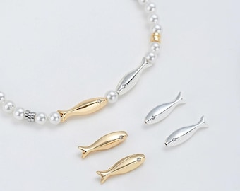 6PCS Dainty Fish shaped Beads, for Jewelry Making Bracelet Necklace Supplies Findings, DIY Brass 14k Gold Plated Accessories