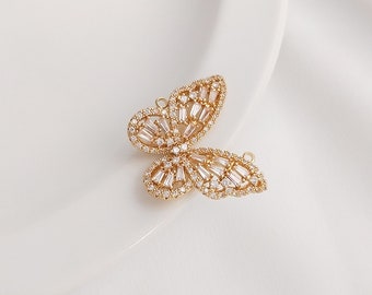 2PCS 14k Gold Filled Shiny Gold Butterfly Charms, CZ Pave Butterfly Pendant, Dainty Charms Connector, Necklace Charm, Bracelet Charms