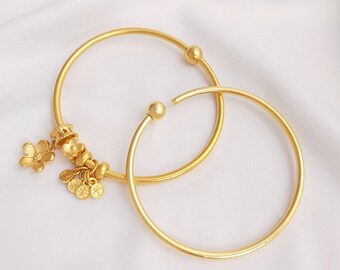 2PCS 14k oro relleno de latón martillado pulsera - pulsera de latón - Brass Wire Bangle - Suministros de joyería
