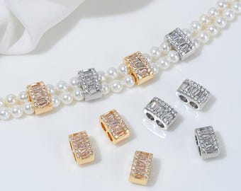 6PCS Dainty Cz Pave Double hole Spacer Beads, Jewelry Making Bracelet Supplies Findings, DIY Hand Made Brass 14k Gold Plated
