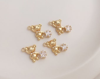 6PCS 14k Gold Filled Play Bear Charm Pendant, Cz Pave Bear Charm,Animal,Cute, Zircon Bear,Jewelry Making