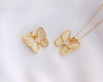 6 STÜCK 14k Gold Filled Gold Farbe Opal Schmetterling Anhänger, CZ Pflaster Schmetterling Anhänger Halskette, Geschenk für Sie