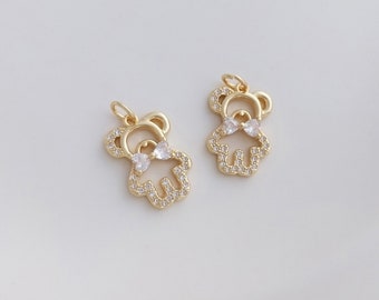 4PCS 14k Gold Filled Gold Plated Play Bear Charm Pendant, cz Pave Bear Charm,Animal,Cute, Zircon Border Bear,Jewelry Making