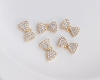 6PCS 14k Gold Filled Shiny Gold Bow Charms, Cz Bracelet Connector, Micro Pave Bow, Mini Bow Pendant,Cubic Zirconia Charm ,Diy Jewelry Making