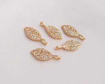 6STK 14k Gold Filled Blatt Anhänger, Zirkon Blatt Anhänger, Cz Pave Charm, Halskette Anhänger