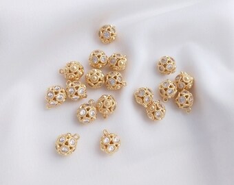 8PCS 14k Gold Filled CZ Paving Spherical Pendant, Hollow Flower Ball Bead, 3D Round Rlanet, Rlanet Charm, Suitable for Jewelry Making