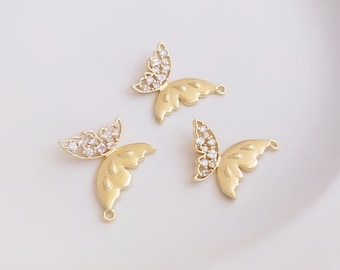 4PCS 14k Gold Filled Butterfly Charms, CZ Pave Butterfly Connector, Dainty Charms, Necklace Charm, Bracelet Charms