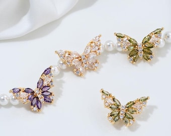 2 delicadas cuentas espaciadoras de mariposa con pavé de circonita cúbica, suministros para hacer joyas, pulseras y collares, accesorios de latón chapados en oro de 14 quilates.