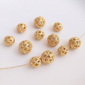 8PCS 14k Gold Filled Hollow Out Flower Ball, Moire, Through Hole, Round Bead, Diy, Hand String, Bracelet, Necklace, Earring Accessories