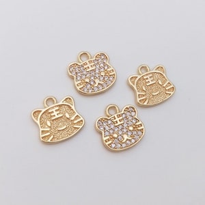 8PCS 14k Gold Filled CZ Paved Tiger Head Charm Pendant, lovely Animal Charm, Jewelry Making, Diy Material, Jewelry Supplies