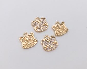 8PCS 14k Gold Filled CZ Paved Tiger Head Charm Pendant, lovely Animal Charm, Jewelry Making, Diy Material, Jewelry Supplies