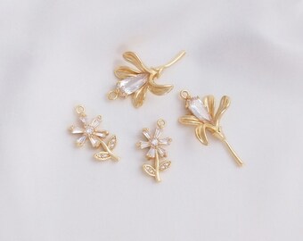 4PCS 14k Gold Filled Cz Paving Charm, Flower Charm, Flower Pendant , Small Flower Pendant ,Earring Necklace Pendant DIY Material