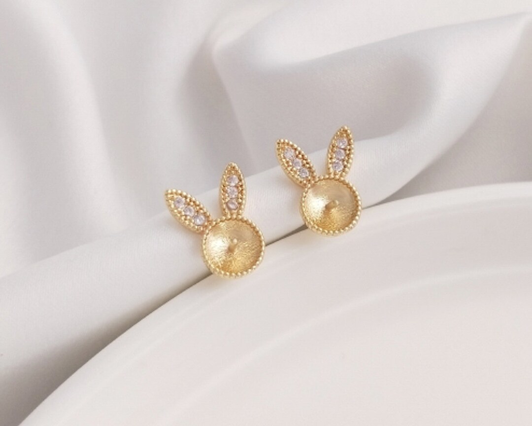 Rabbit Earring 8PCS 14k Gold Filled Brass Rabbit Ear Stud Posts, Cz Paving Earrings ...