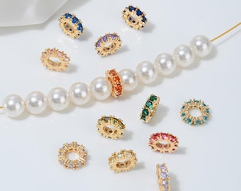 6PCS Dainty Brass Flat Septal Beads,cz pave Design, for Jewelry Making Bracelet Necklace  DIY Brass 14k Gold Plated Accessories