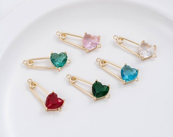 4PCS 14K Clad Gold Peach Heart Shaped Crystal Zircon Brooch, Double Hanging Rooch, DIY Handcrafted Bracelet Necklace Earring Accessories