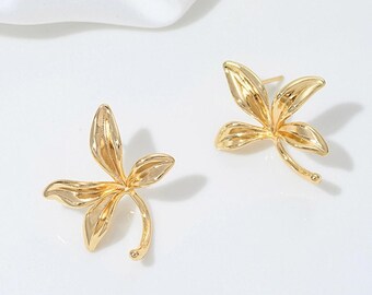 4PCS Dainty Iris flower Ear Studs, Diy Earrings Connectors ,Jewelry Making Findings Supplies, 14k Gold Plated Brass Accessories