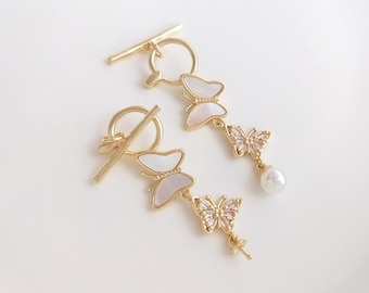 2PCS 14k Gold Filled Zircon butterfly Toggle Clasp, shell Clasp Set, Easy Close Clasp Connector for Bracelet/Necklace, Jewellery Clasps