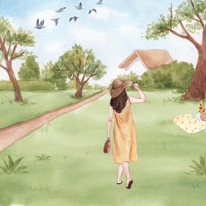 Landscape Cottage Painting, Woman in Field, Printable Art