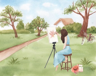 Landschap Cottage schilderij, vrouw in veld, afdrukbare kunst