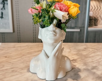 Large White Ceramic Face Vase - Female Head Vase - Face Art Vases - Woman Body Ceramic Vase