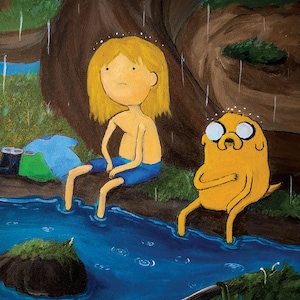 Fin & Jake Rainy Moody Hand-Painted Adventure Time Painting Print - 10&quot;x10&quot; Print