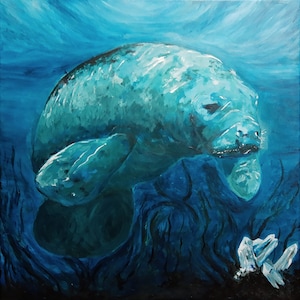 Sacred Cow - 10x10 - Manatee Kristall Meerestier Kreatur Gemälde Handsignierter Druck Wandkunst Handmade Home Decor