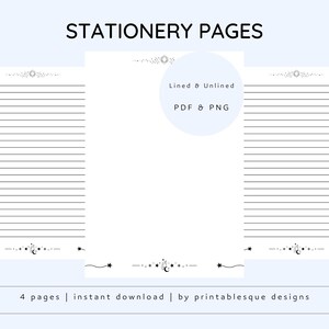 May include: Four printable stationery pages with a celestial theme. The pages feature a decorative border with stars and a crescent moon. Two pages are lined and two pages are unlined. The text "STATIONERY PAGES" is at the top of the image. The text "Lined & Unlined" and "PDF & PNG" are in the center of the image. The text "4 pages | instant download | by printablesque designs" is at the bottom of the image.