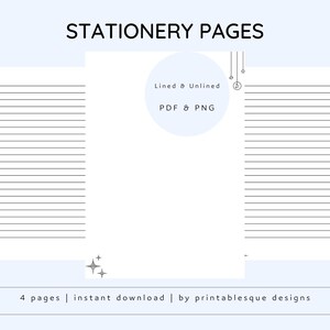May include: Four printable stationery pages with a simple design featuring a subtle star pattern. The pages are lined and unlined, and are available in PDF and PNG formats.